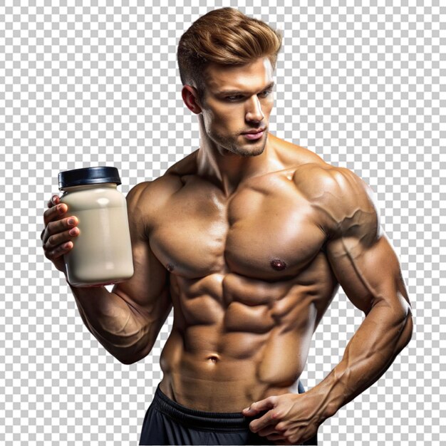 PSD a man with sporty body holding a bottle of protein shake