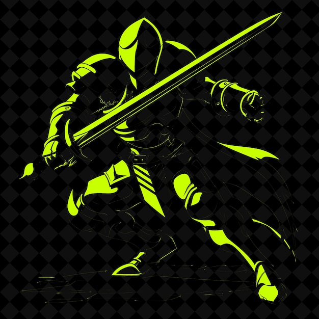 a man with a sword and shield with green neon lights on it