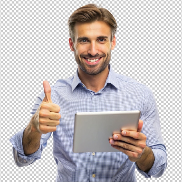 man with a tablet and thumbs up on transparent background