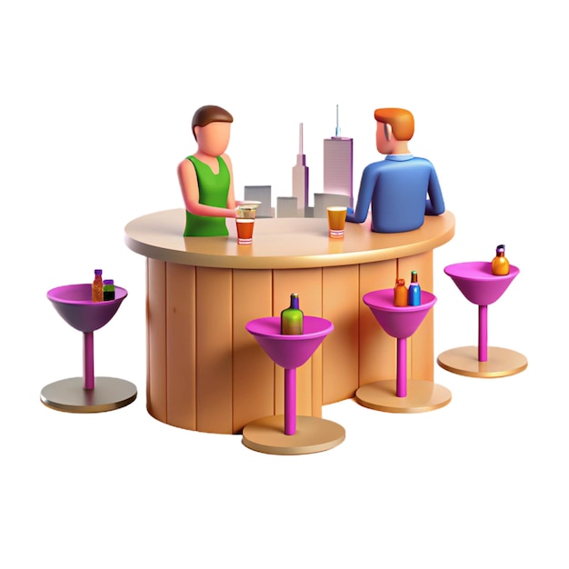 PSD a man and a woman are behind a bar with drinks and a man in a blue shirt