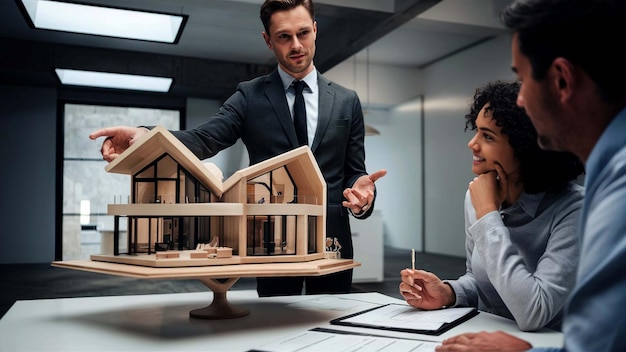 a man and woman are looking at a model house