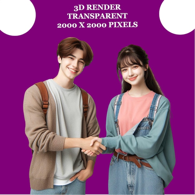 a man and a woman are shaking hands in front of a purple background