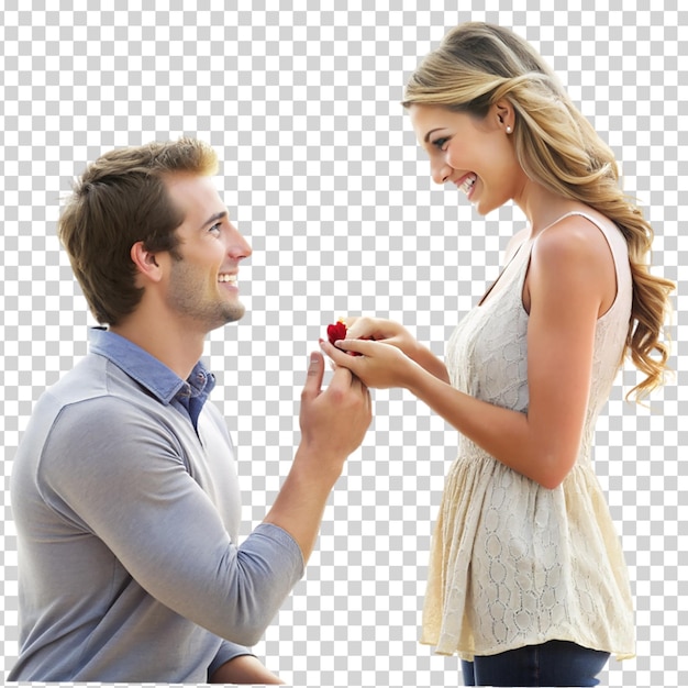 PSD a man and woman are sitting on the ground smiling and looking at each other while holding a ring on transparent background