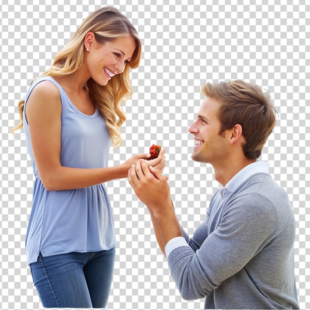 PSD a man and woman are sitting on the ground smiling and looking at each other while holding a ring on transparent background