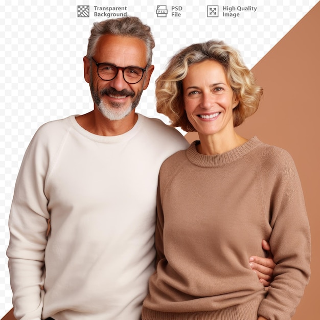 PSD a man and a woman pose for a photo in front of a screen with the words " the company of the company ".