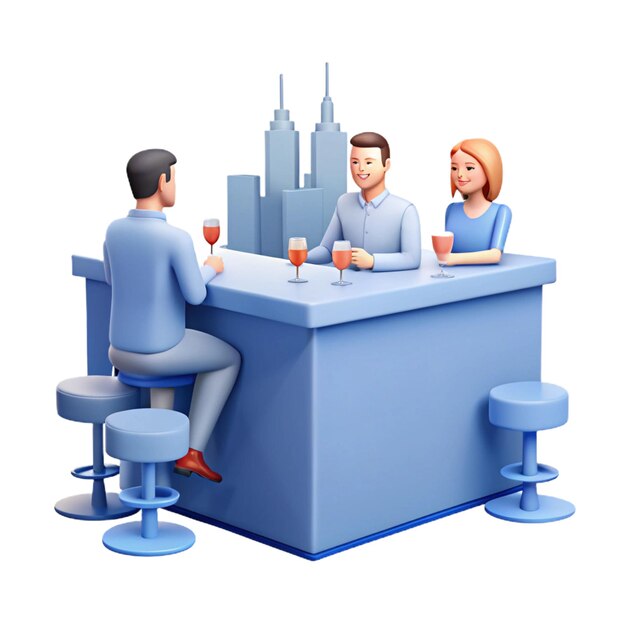 a man and a woman sit at a bar with a city skyline in the background