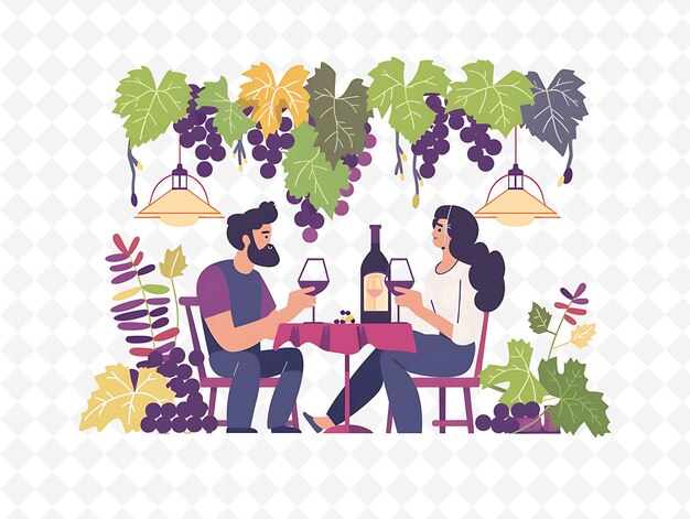 a man and a woman sit at a table with grapes and a wine bottle