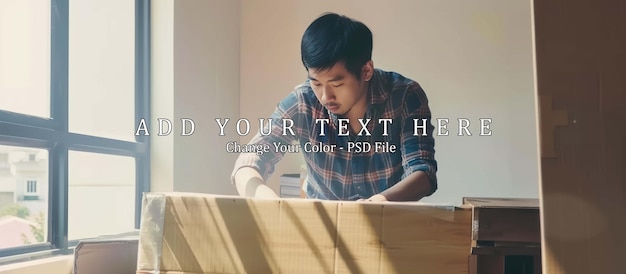 PSD man working as handyman assembling wood table with equipments