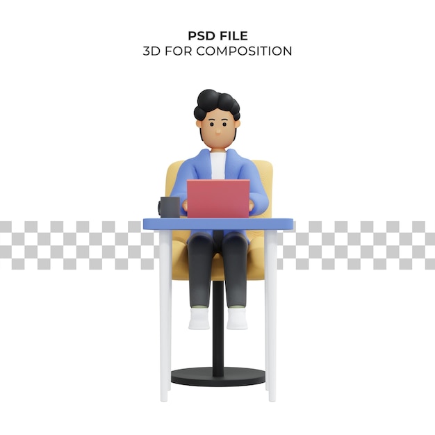 Man working sitting on chair using laptop freelancer 3d illustration Premium Psd