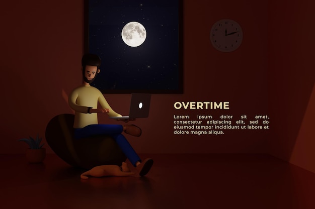 A man works overtime using a laptop at home