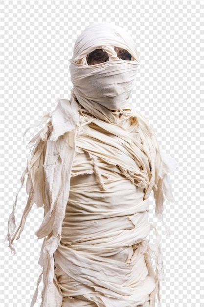 a man wrapped in a plastic bag with a white cloth wrapped around his head