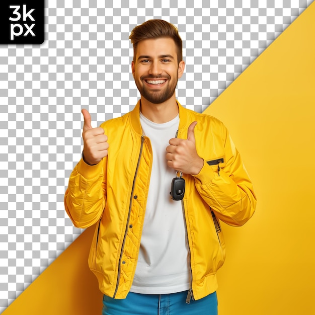 a man in a yellow jacket giving a thumbs up