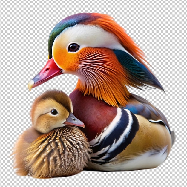 PSD a mandarin duck with her cub mother love and care on transparent background