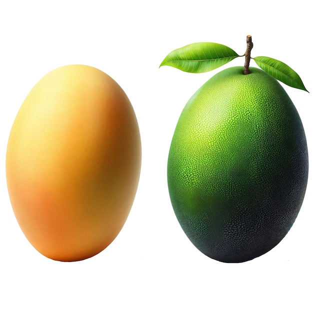 a mango and an avocado are displayed on a white background