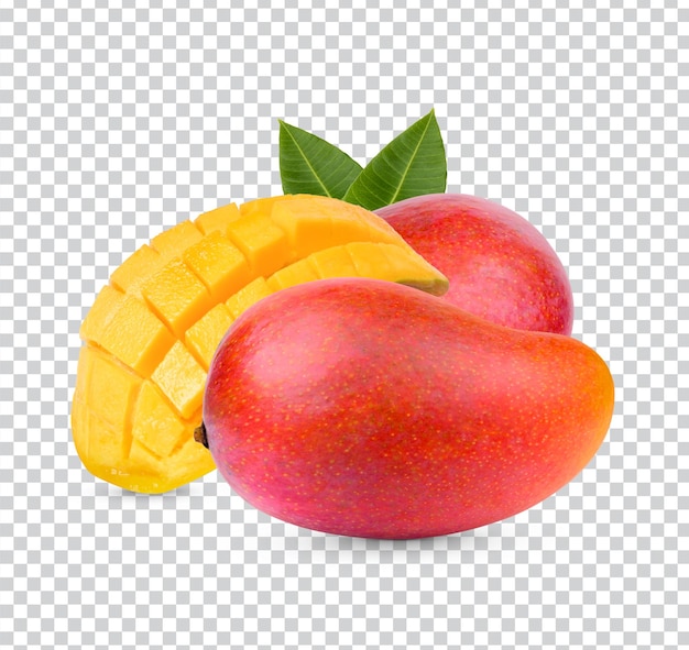 Mango fruit and sliced with leaves isolated Premium PSD