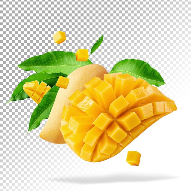 Mango fruit with mango cubes and slices Isolated