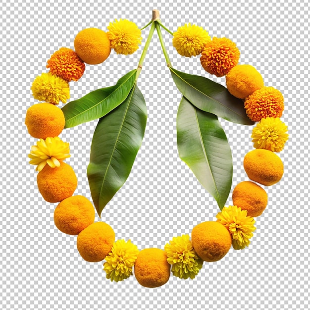 PSD mango leaf marigold flower garland on transparent background