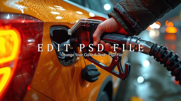 PSD mans hand grips a gasoline fuel nozzle