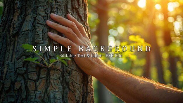 A mans hand touch the tree trunk closeup Bark woodCaring for the environment The ecology concept