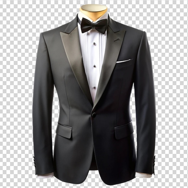 PSD a mans suit jacket with a white shirt and black bow tie on transparent background