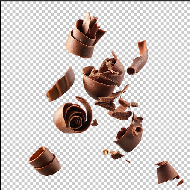 Many flying chocolate curls on white background