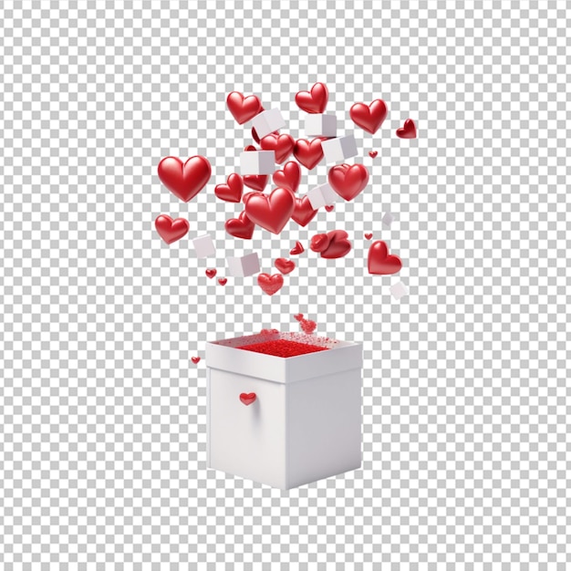 Many hearts fly out of a gift box on white background