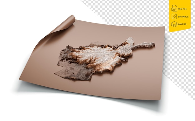 PSD map of afghanistan old style brown on unrolled map paper sheet on white background 3d illustration