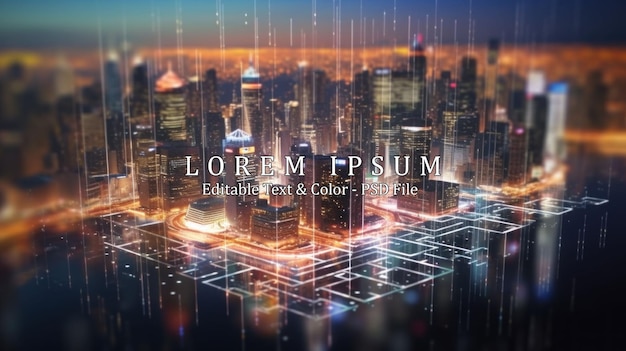 PSD map and data theme hologram on city view with skyscrapers background double exposure