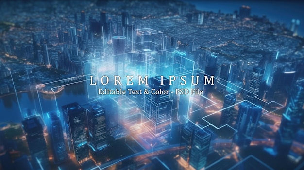 PSD map and data theme hologram on city view with skyscrapers background double exposure