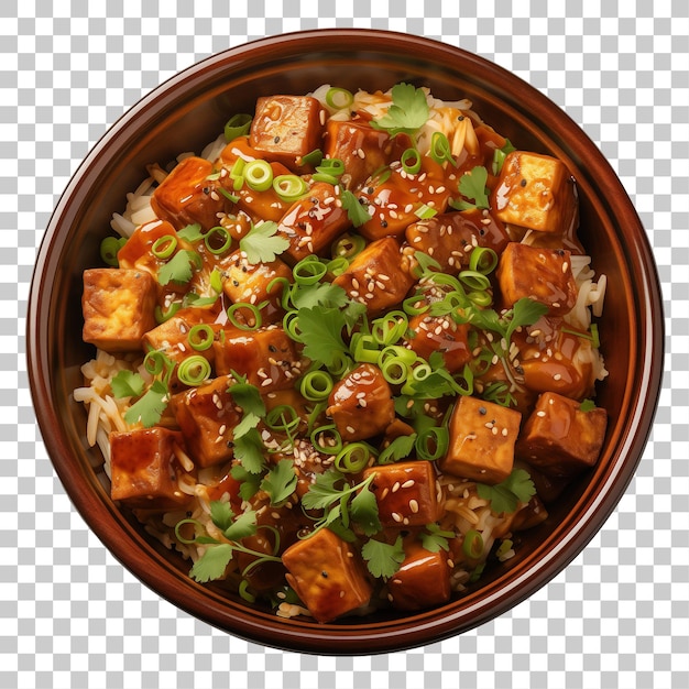 Mapo tofu with rice in bowl isolated on transparent background