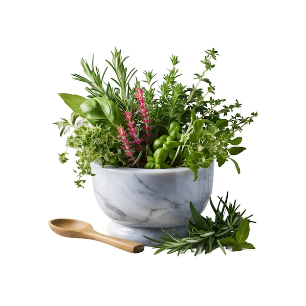 Marble mortar with different herbs isolated image