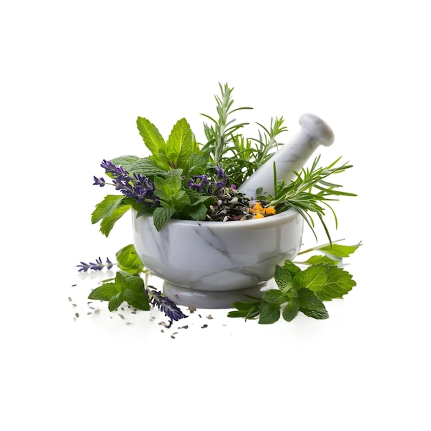 PSD marble mortar with different herbs isolated image