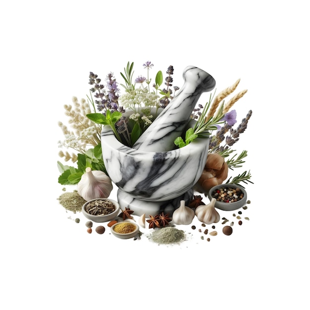 PSD marble mortar with different herbs isolated image