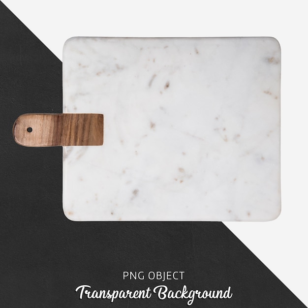 Marble serving plate with wooden handle on transparent background