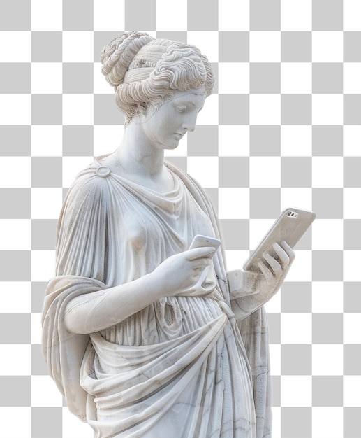 marble statue holding phone png on transparent background