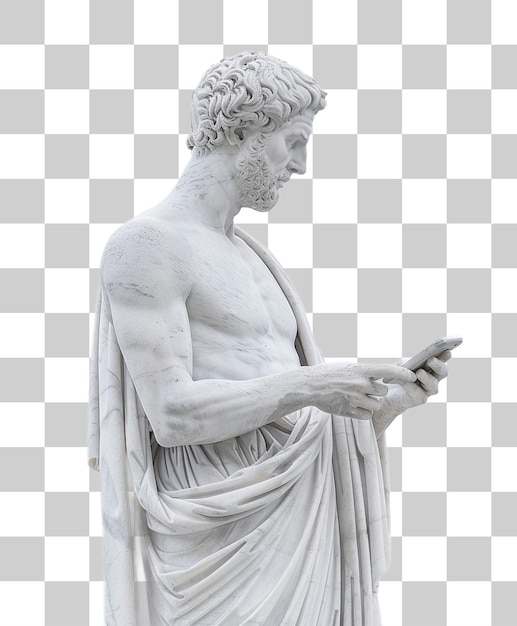 marble statue holding phone png on transparent background