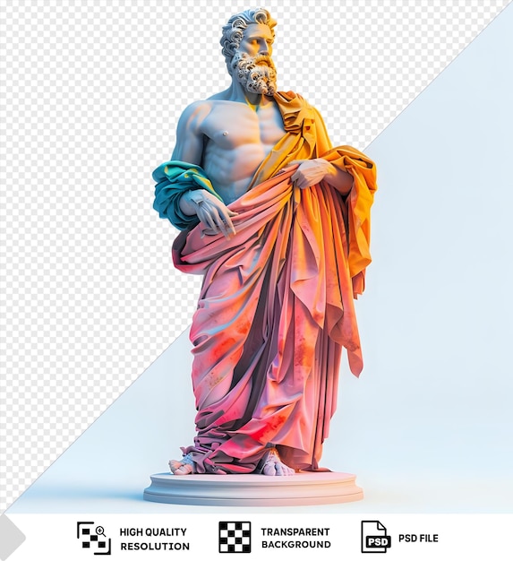 A Marble Statue of a Man Wearing a Colorful Draped Robe Isolated Against a Transparent Background