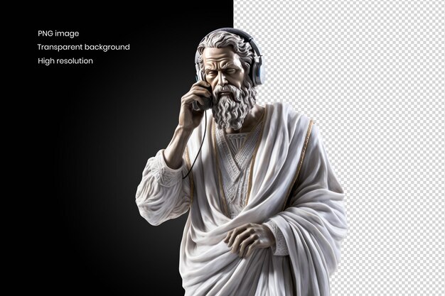 PSD a marble statue of a man wearing headphones and a robe listening to music background removed