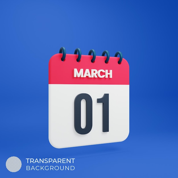 March Realistic Calendar Icon 3D Illustration Date March 01