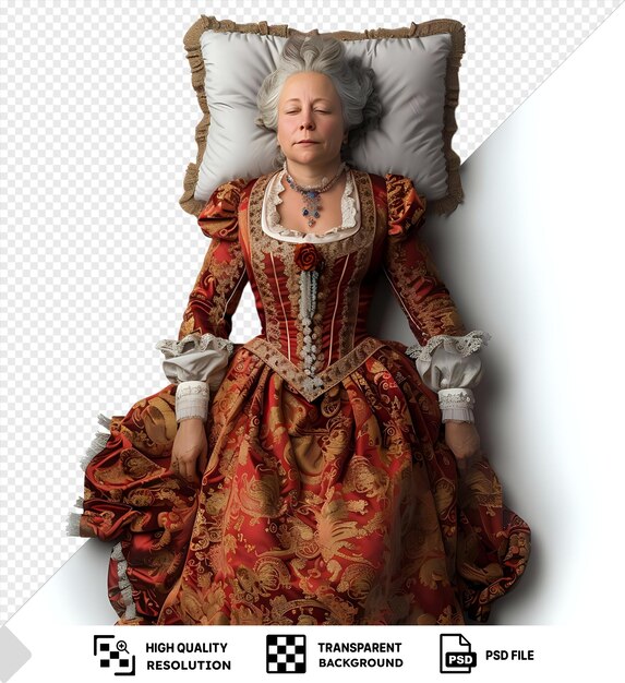 PSD marie anne paulze lavoisier in red dress and silver necklace with gray hair resting on a white pillow