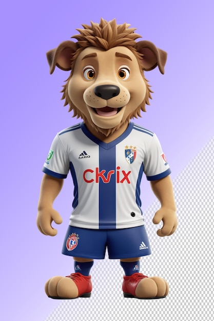 a mascot for a dog wearing a blue and white jersey