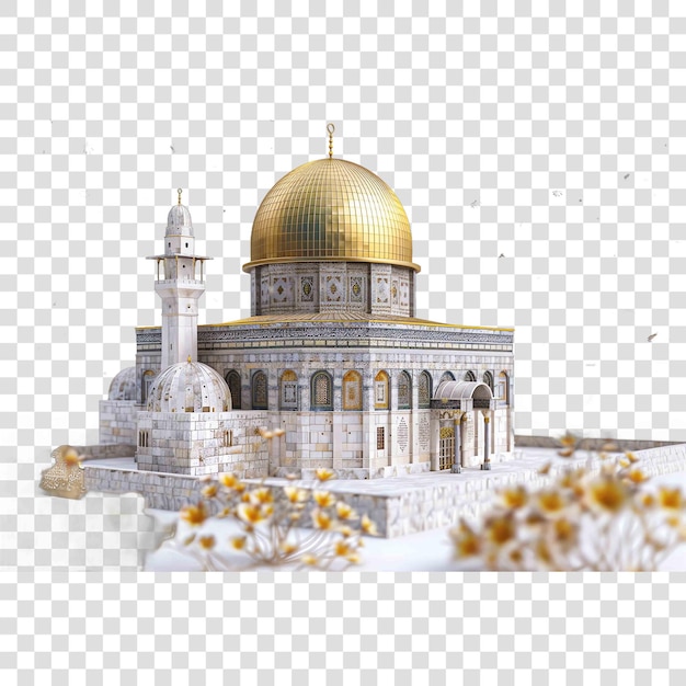 PSD masjid al aqsa with gold flowers islamic arabic symbolon transparent background