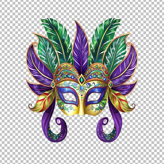 a mask with a green and purple feathers on it on white transparent background png