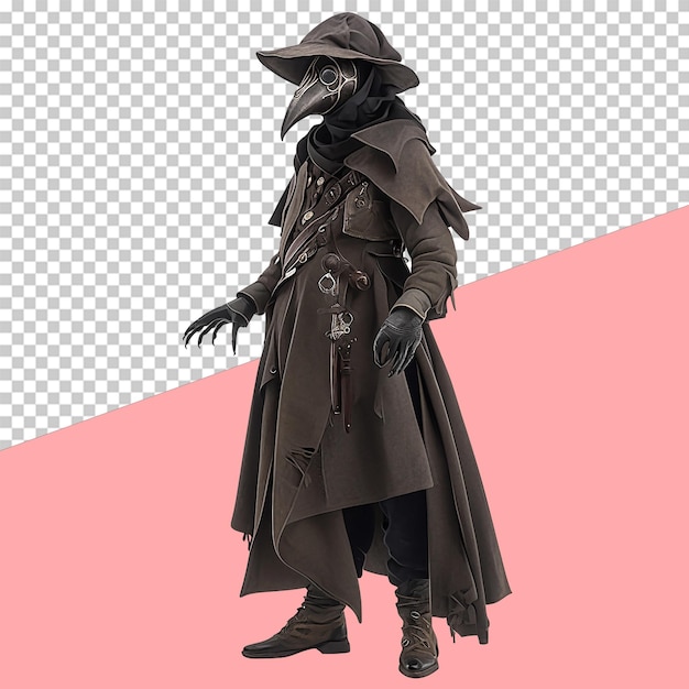 Masked plague doctor from the 17th century full body isolated object transparent background