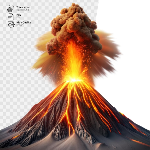 PSD massive volcanic eruption with lava and ash plume in daylight transparent background