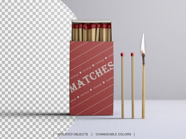 Matches box mockup with burning match isolated