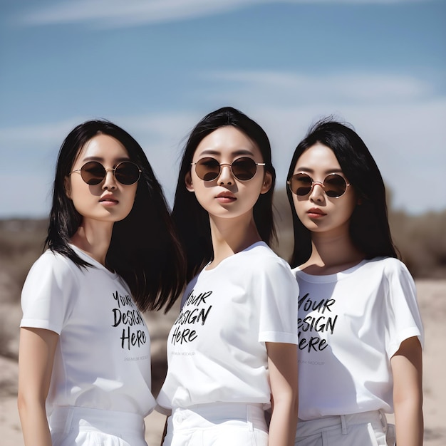 Matching TShirt Fun PSD Mockup Featuring Three Asian Girls in White t shirts at a Party Event