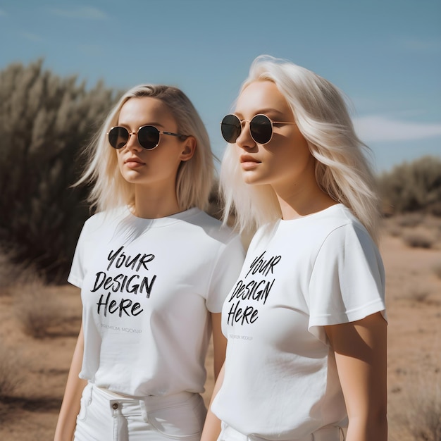 Matching White TShirt PSD Mockup with Two Blonde Hair Girls