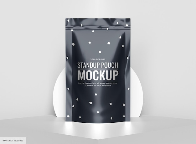 PSD matte grey foil plastic pouch bag mockup with abstract background