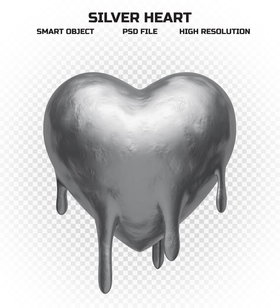 PSD matte melting silver heart in high resolution for decoration